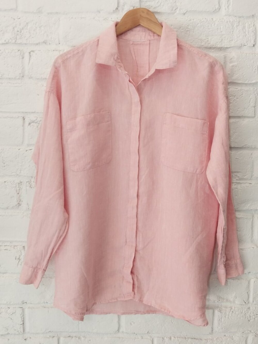 100% Linen Tunic Shirt Womens L Pink Coral Heather Hidden Button Collar Long Slv